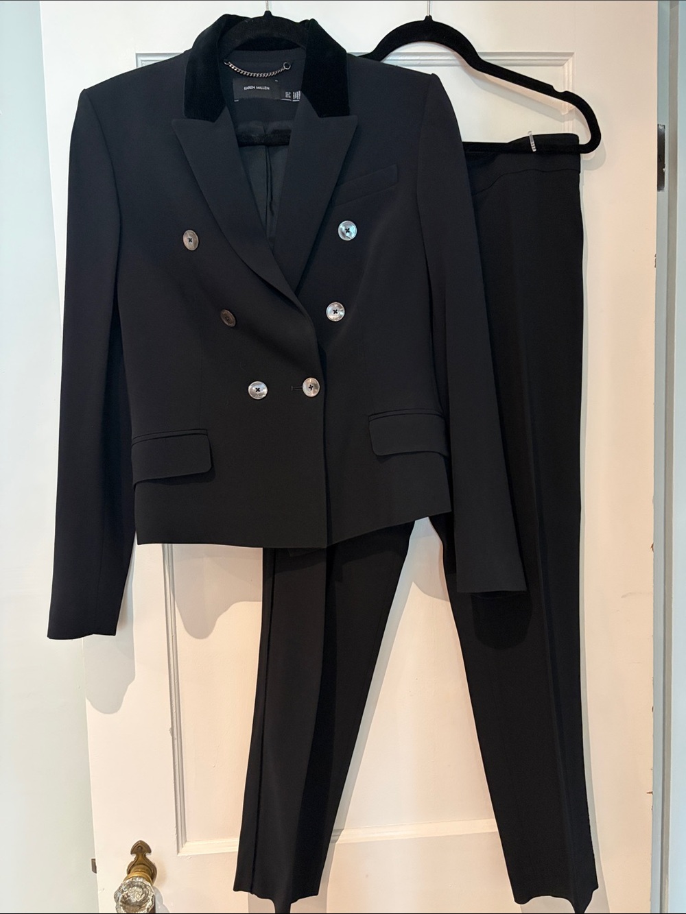 Karen Millen Black Velvet Trim Tuxedo Set Blazer & Trousers – Size 8